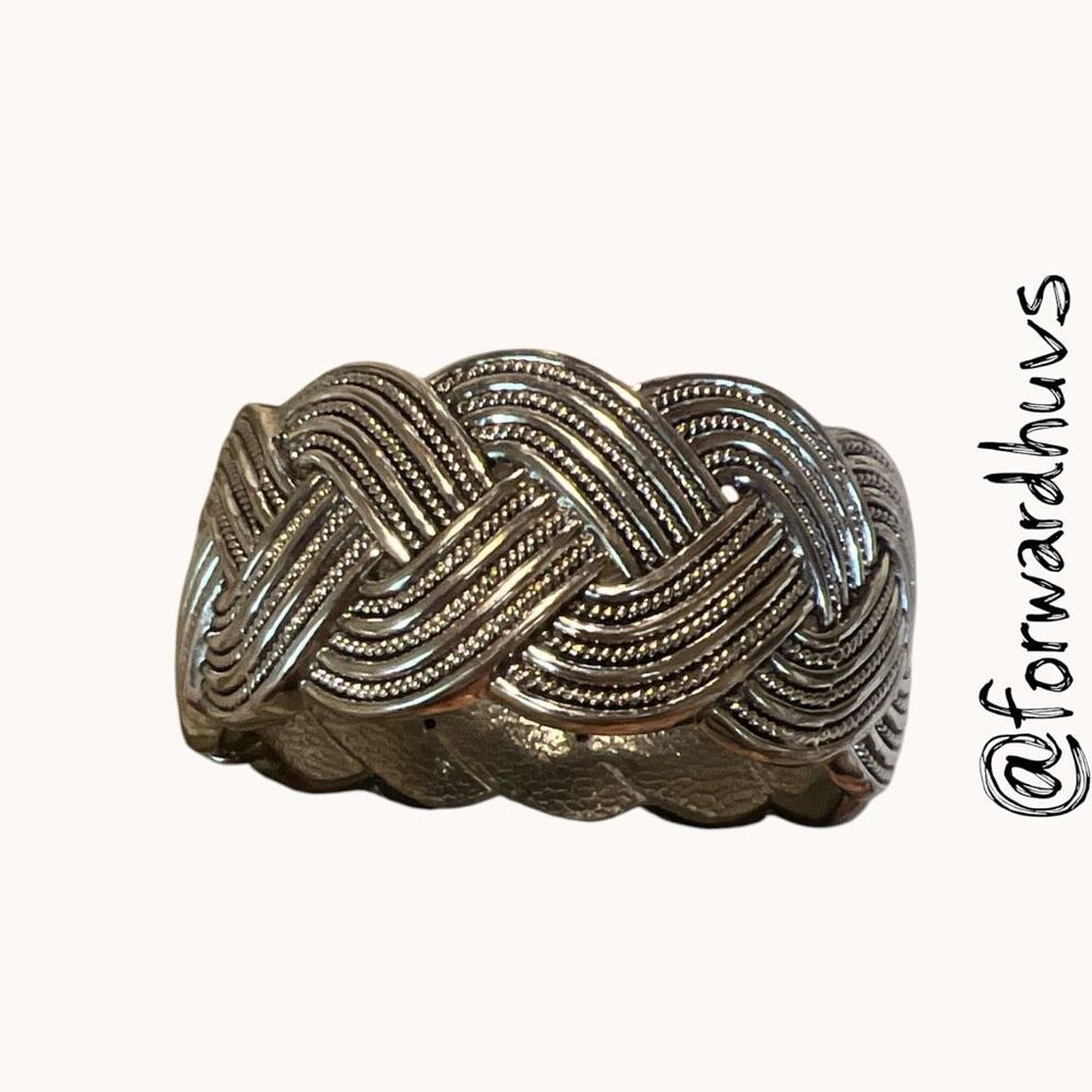 Silver Tone Woven Basketweave Hinged Bangle Bracelet